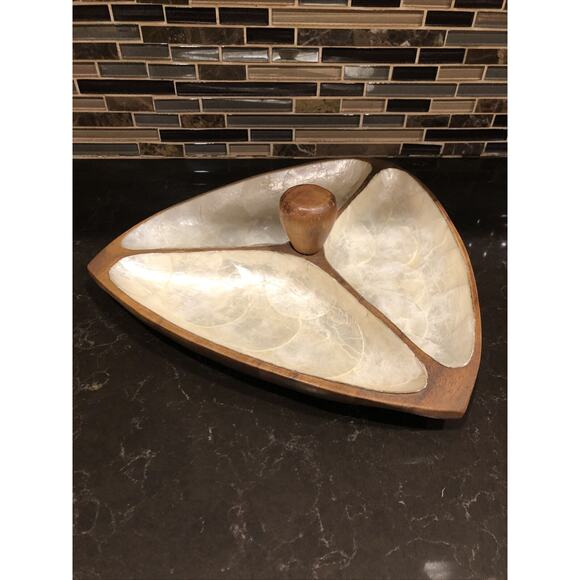 Vintage Acacia Wood & Capiz Shell 3 Compartment Section Serving Bowl Tray 12" - Picture 3 of 5